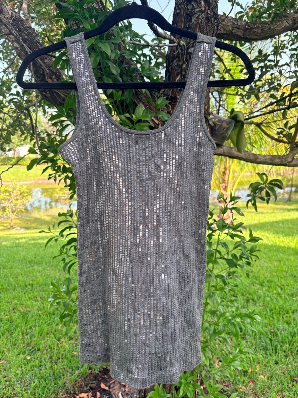 Express Silver Sequin Ribbed Tank
